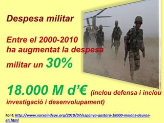 Despesa militar

Entre el 2000-2010
ha augmentat la despesa
militar un           30%

18.000 M d’€ (inclou defensa i inclou
investigació i desenvolupament)
Font: http://www.xarxaindepe.org/2010/07/espanya-gastara-18000-milions-deuros-
en.html
 