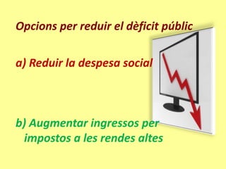 Opcions per reduir el dèficit públic

a) Reduir la despesa social



b) Augmentar ingressos per
 impostos a les rendes altes
 