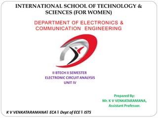 INTERNATIONAL SCHOOL OF TECHNOLOGY &
SCIENCES (FOR WOMEN)
DEPARTMENT OF ELECTRONICS &
COMMUNICATION ENGINEERING
Prepared By:
Mr. K V VENKATARAMANA,
Assistant Professor.
K V VENKATARAMANA‖ ECA ‖ Dept of ECE ‖ ISTS
II BTECH II SEMESTER
ELECTRONIC CIRCUIT ANALYSIS
UNIT IV
 