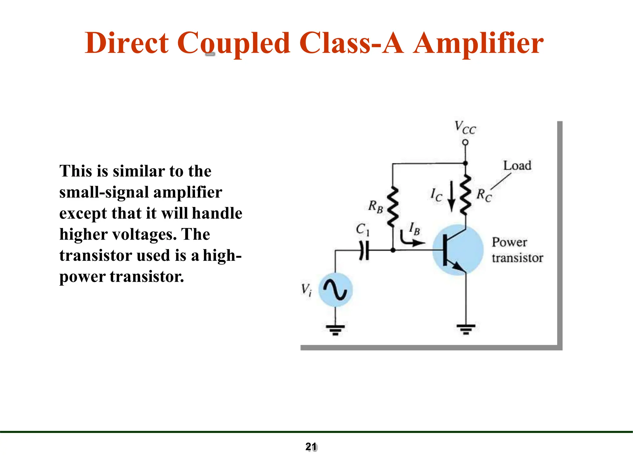 This is similar to the
small-signal amplifier
except that it will handle
higher voltages. The
transistor used is a high-
power transistor.
21
Direct Coupled Class-A Amplifier
 