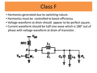 Class F
• Harmonics generated due to switching nature.
• Harmonics must be controlled to boost efficiency.
• Voltage waveform at drain should appear to be perfect square.
• Current waveform should be half sine wave which is 180° out of
phase with voltage waveform at drain of transistor .
 