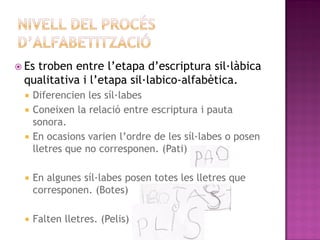  Es
   troben entre l’etapa d’escriptura sil·làbica
 qualitativa i l’etapa sil·labico-alfabètica.
   Diferencien les síl·labes
   Coneixen la relació entre escriptura i pauta
    sonora.
   En ocasions varien l’ordre de les síl·labes o posen
    lletres que no corresponen. (Pati)

     En algunes síl·labes posen totes les lletres que
      corresponen. (Botes)

     Falten lletres. (Pelis)
 