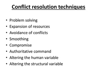 Conflict resolution techniques
• Problem solving
• Expansion of resources
• Avoidance of conflicts
• Smoothing
• Compromise
• Authoritative command
• Altering the human variable
• Altering the structural variable
 
