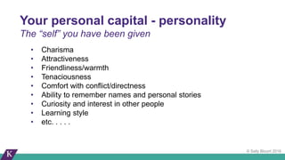 © Sally Blount 2016
• Charisma
• Attractiveness
• Friendliness/warmth
• Tenaciousness
• Comfort with conflict/directness
• Ability to remember names and personal stories
• Curiosity and interest in other people
• Learning style
• etc. . . . .
Your personal capital - personality
The “self” you have been given
 