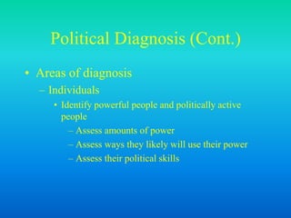Political Diagnosis (Cont.)
• Areas of diagnosis
– Individuals
• Identify powerful people and politically active
people
– Assess amounts of power
– Assess ways they likely will use their power
– Assess their political skills
 