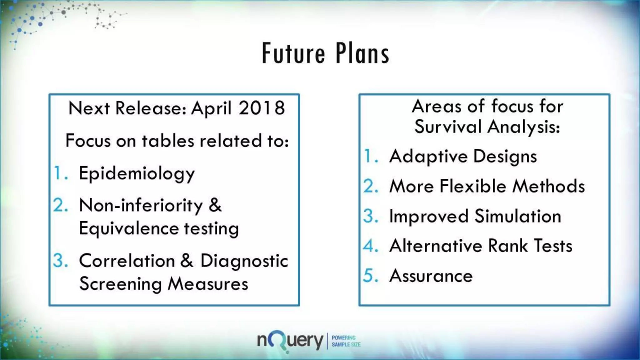 Future Plans
Next Release: April
2018
Focus on tables
related to:
1. Epidemiology
2. Non-inferiority &
Equivalence testing
3. Correlation &
Diagnostic Screening
Measures
Areas of focus for
Survival Analysis:
1. Adaptive Designs
2. More Flexible
Methods
3. Improved Simulation
4. Alternative Rank
Tests
5. Assurance
 