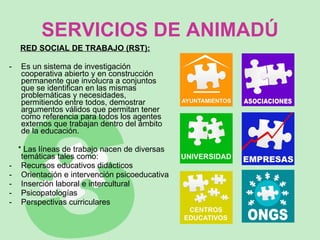 SERVICIOS DE ANIMADÚ RED SOCIAL DE TRABAJO (RST): Es un sistema de investigación cooperativa abierto y en construcción permanente que involucra a conjuntos que se identifican en las mismas  problemáticas y necesidades, permitiendo entre todos, demostrar argumentos válidos que permitan tener como referencia para todos los agentes externos que trabajan dentro del ámbito de la educación.  * Las líneas de trabajo nacen de diversas temáticas tales como: Recursos educativos didácticos Orientación e intervención psicoeducativa Inserción laboral e intercultural Psicopatologías  Perspectivas curriculares 