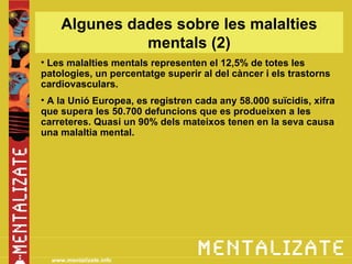 Algunes dades sobre les malalties
               mentals (2)
• Les malalties mentals representen el 12,5% de totes les
patologies, un percentatge superir al del càncer i els trastorns
cardiovasculars.
• A la Unió Europea, es registren cada any 58.000 suïcidis, xifra
que supera les 50.700 defuncions que es produeixen a les
carreteres. Quasi un 90% dels mateixos tenen en la seva causa
una malaltia mental.




  www.mentalizate.info
 