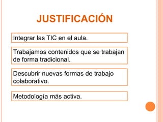 JUSTIFICACIÓN 
Integrar las TIC en el aula. 
Trabajamos contenidos que se trabajan 
de forma tradicional. 
Descubrir nuevas formas de trabajo 
colaborativo. 
Metodología más activa. 
 