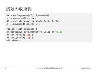 誤差の収束性
2019/03/23オープンCAE第68回勉強会@岐阜11
Δx = np.logspace(-7,1,9,base=10)
x = np.zeros(Δx.size)
df = (np.sin(x+Δx)-np.sin(x-Δx))/(2.*Δx)
ɛ = np.abs(df-np.cos(x))
fig,ax = plt.subplots()
ax.plot(Δx,ɛ,lw=0,marker='o',clip_on=False)
ax.set_xscale('log')
ax.set_yscale('log')
plt.show()
 