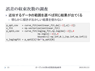 誤差の収束次数の調査
2019/03/23オープンCAE第68回勉強会@岐阜15
 近似するデータの範囲を選べば同じ結果が出てくる
 明らかに傾きがおかしい結果を使わない
p_opt,cov = curve_fit(nonlinear_fit,Δx[:-2],ɛ[:-2])
ɛ_fit = np.vectorize(nonlinear_fit)
p_opt2,cov = curve_fit(loglog_fit,np.log(Δx[:-2]),¥
np.log(ɛ[:-2]),¥
bounds=((-np.inf,0.),(np.inf,np.inf)))
ɛ_loglogfit = p_opt2[1]*Δx**p_opt2[0]
 