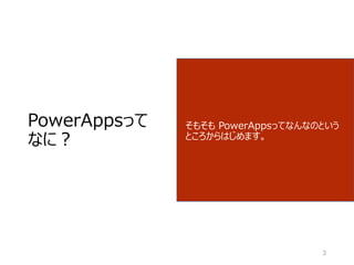 PowerAppsって
なに？
そもそも PowerAppsってなんなのという
ところからはじめます。
3
 