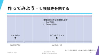 作ってみよう – 1. 横幅を分割する
August 25, 2023
Copyright (c) 2023,
魁!!鰹塾. All rights reserved
11
※イメージは16:9になっていませんのでご注意ください
横幅全体は下記で表現します
• App.Width
• Parent.Width
サイドバー
2
メインセクション
8
App.Width * 0.2 App.Width * 0.8
 
