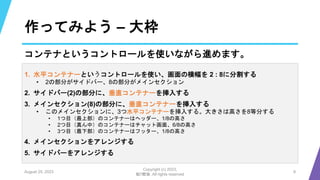 作ってみよう – 大枠
コンテナというコントロールを使いながら進めます。
August 25, 2023
Copyright (c) 2023,
魁!!鰹塾. All rights reserved
9
1. 水平コンテナーというコントロールを使い、画面の横幅を 2 : 8に分割する
• 2の部分がサイドバー、8の部分がメインセクション
2. サイドバー(2)の部分に、垂直コンテナーを挿入する
3. メインセクション(8)の部分に、垂直コンテナーを挿入する
• このメインセクションに、3つ水平コンテナーを挿入する。大きさは高さを8等分する
• 1つ目（最上部）のコンテナーはヘッダー、1/8の高さ
• 2つ目（真ん中）のコンテナーはチャット画面、6/8の高さ
• 3つ目（最下部）のコンテナーはフッター、1/8の高さ
4. メインセクションをアレンジする
5. サイドバーをアレンジする
 