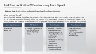 Real Time notification PCF control using Azure SignalR
What is Azure SignalR?
Azure SignalR Service simplifies the process of adding real-time web functionality to applications over
HTTP. This real-time functionality allows the service to push content updates to connected clients. As a
result, clients are updated without the need to poll the server, or submit new HTTP requests for updates
Azure SignalR Service
• Serverless
• Free Tier
PCF Control
• Establish Connection to
AzureSignalR using
signalR JS package
• Output
Azure Functions
• Negotiate – Function 1
• Generates Access
token to connect to
Azure SignalR service
• SendMessage –
Function 2
• To Broadcast message
to clients
• Configuration
• Enable CORS
• Add Azure SignalR
Connection String
PowerAutomate
• Flow to Broadcast
notifications
• HTTP Post request to
Function 2
SendMessage
Business Case: Send real time updates to Power Apps from Power Automate
 