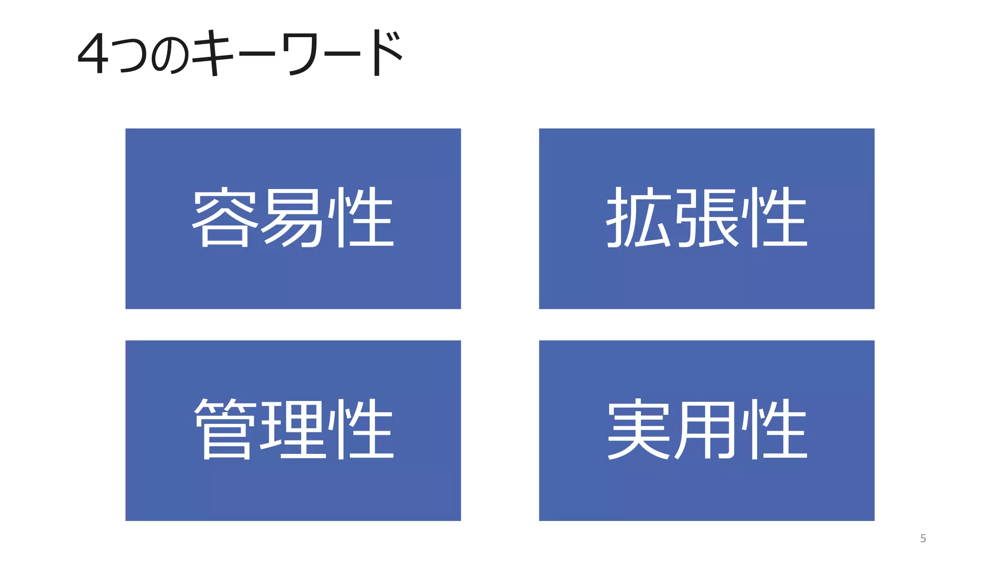 4つのキーワード
5
容易性 拡張性
管理性 実用性
 