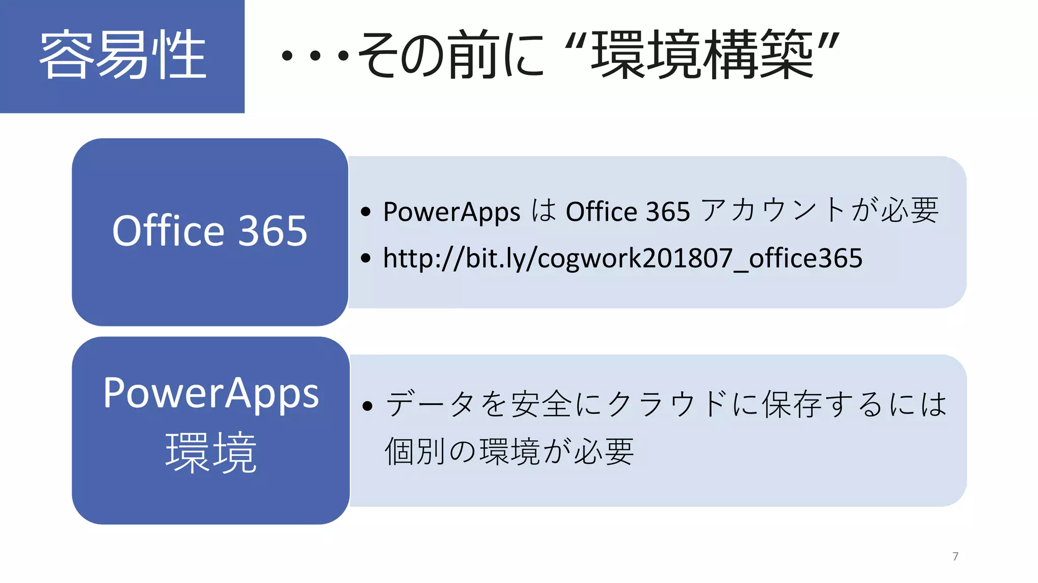 7
容易性 ・・・その前に “環境構築”
• PowerApps は Office 365 アカウントが必要
• http://bit.ly/cogwork201807_office365
Office 365
• データを安全にクラウドに保存するには
個別の環境が必要
PowerApps
環境
 