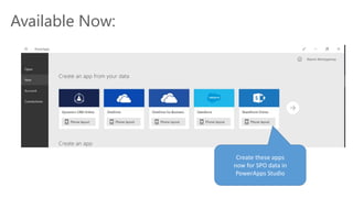 Available Now:
Create these apps
now for SPO data in
PowerApps Studio
 