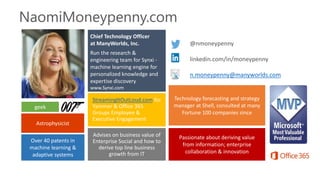 NaomiMoneypenny.com
@nmoneypenny
linkedin.com/in/moneypenny
n.moneypenny@manyworlds.com
Chief Technology Officer
at ManyWorlds, Inc.
Run the research &
engineering team for Synxi -
machine learning engine for
personalized knowledge and
expertise discovery
www.Synxi.com
Passionate about deriving value
from information; enterprise
collaboration & innovation
geek
Technology forecasting and strategy
manager at Shell, consulted at many
Fortune 100 companies since
Over 40 patents in
machine learning &
adaptive systems
Astrophysicist
Advises on business value of
Enterprise Social and how to
derive top line business
growth from IT
StreamingItOutLoud.com for
Yammer & Office 365
Groups Employee &
Executive Engagement
 