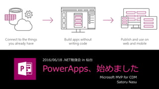 PowerApps、始めました
2016/06/18 .NET勉強会 in 仙台
Microsoft MVP for CDM
Satoru Nasu
 