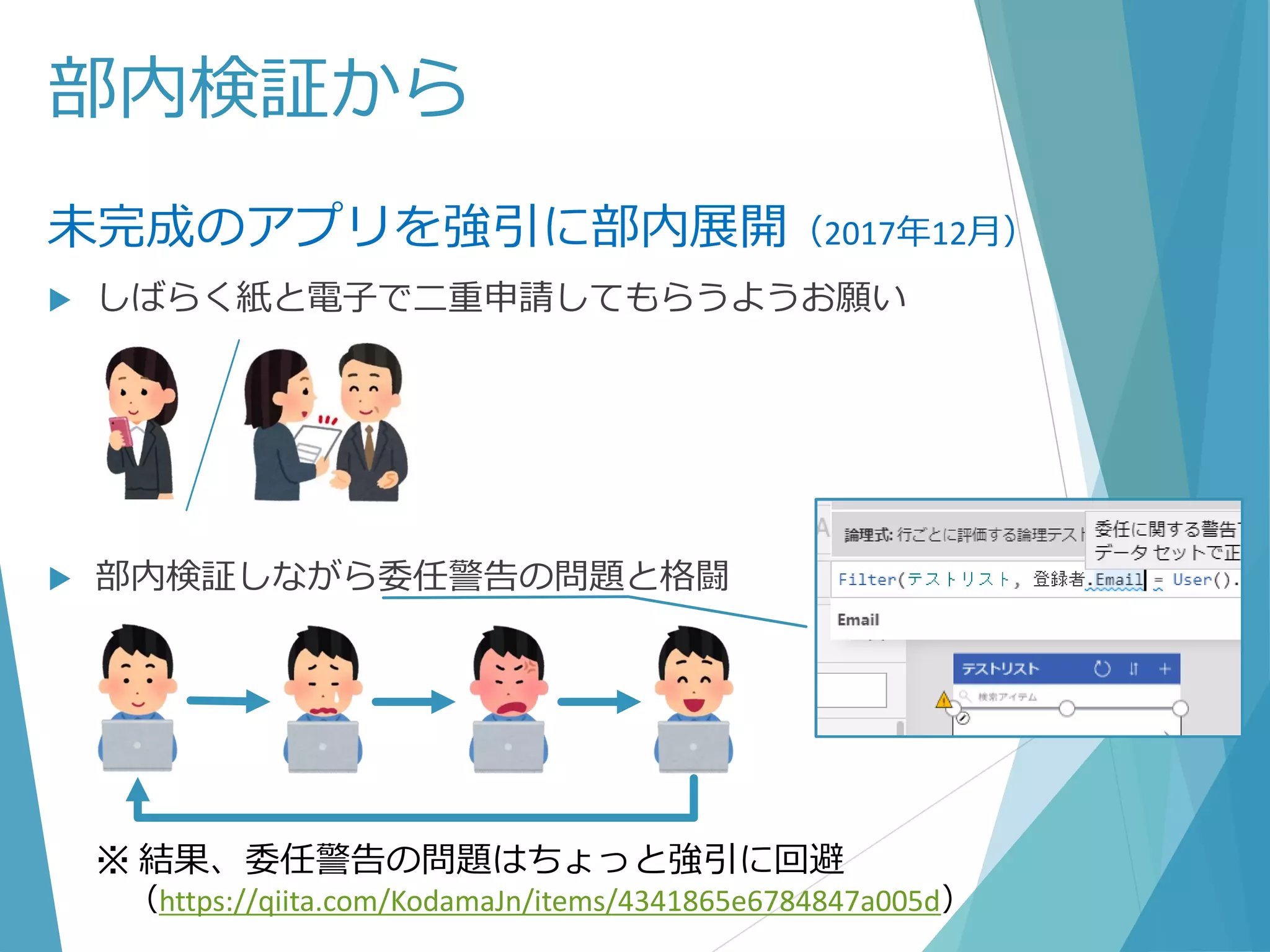 部内検証から
未完成のアプリを強引に部内展開（2017年12月）
 しばらく紙と電子で二重申請してもらうようお願い
 部内検証しながら委任警告の問題と格闘
※ 結果、委任警告の問題はちょっと強引に回避
（https://qiita.com/KodamaJn/items/4341865e6784847a005d）
 