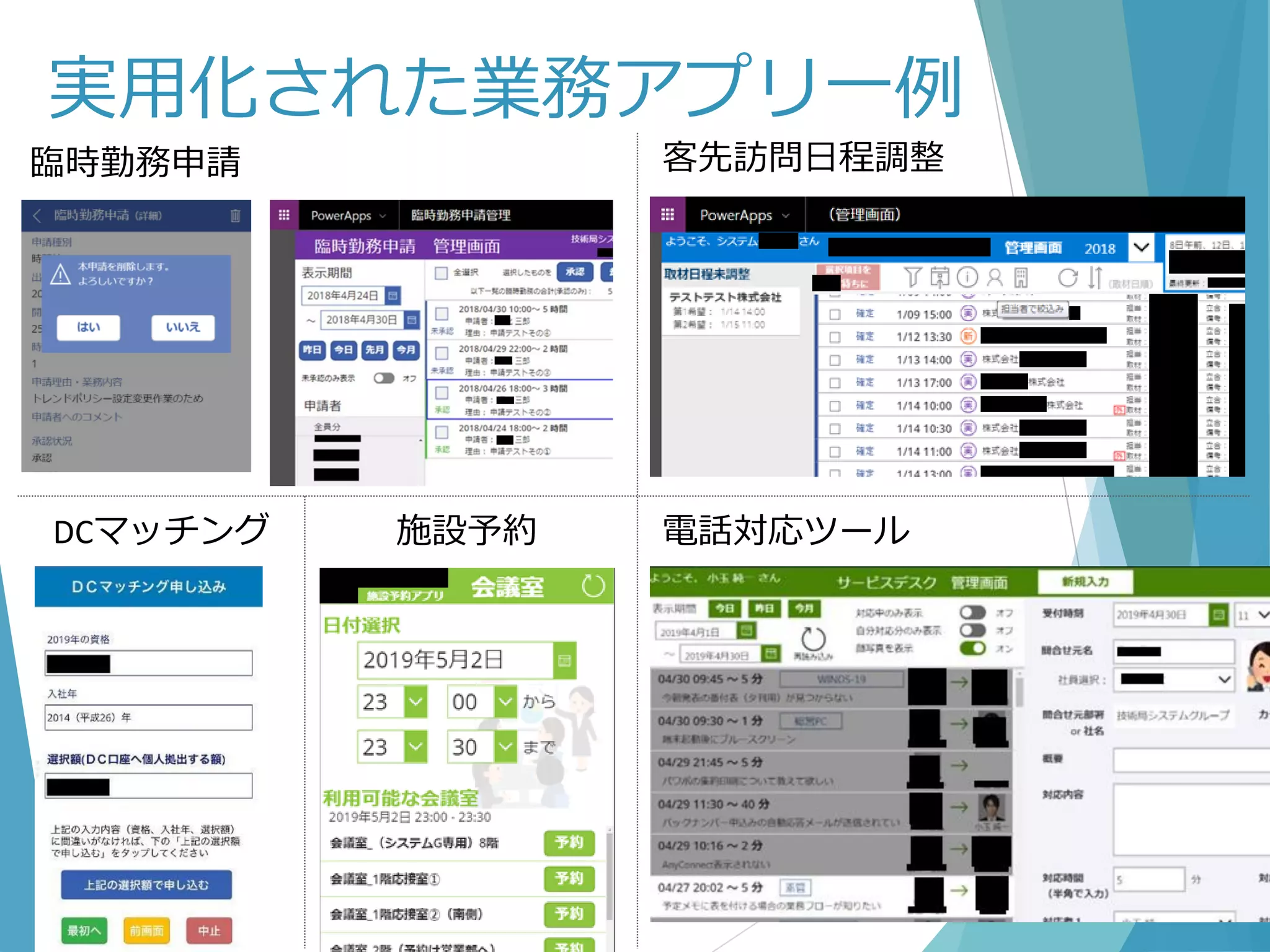 実用化された業務アプリ一例
臨時勤務申請
DCマッチング
客先訪問日程調整
電話対応ツール施設予約
 