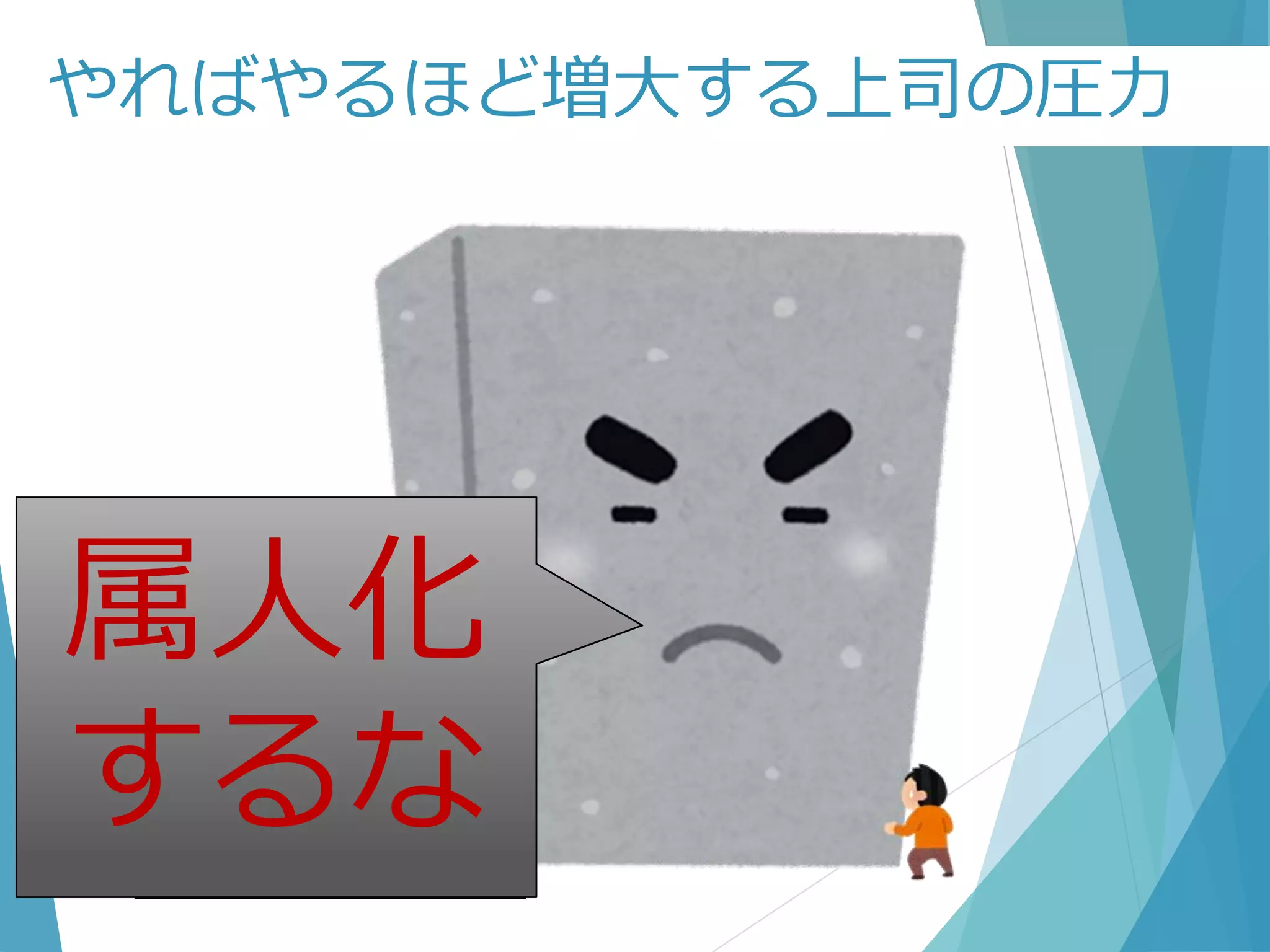 やればやるほど増大する上司の圧力
属人化
するな
属人化
するな
 