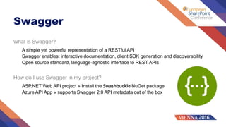 Swagger
What is Swagger?
A simple yet powerful representation of a RESTful API
Swagger enables: interactive documentation, client SDK generation and discoverability
Open source standard, language-agnostic interface to REST APIs
How do I use Swagger in my project?
ASP.NET Web API project » Install the Swashbuckle NuGet package
Azure API App » supports Swagger 2.0 API metadata out of the box
 