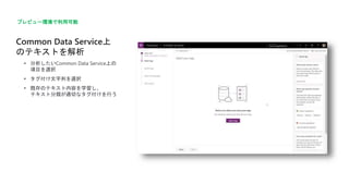 Common Data Service上
のテキストを解析
プレビュー環境で利用可能
 分析したいCommon Data Service上の
項目を選択
 タグ付け文字列を選択
 既存のテキスト内容を学習し、
テキスト分類が適切なタグ付けを行う
 