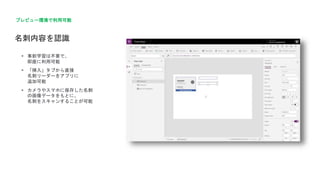 名刺内容を認識
プレビュー環境で利用可能
 事前学習は不要で、
即座に利用可能
 「挿入」タブから直接
名刺リーダーをアプリに
追加可能
 カメラやスマホに保存した名刺
の画像データをもとに、
名刺をスキャンすることが可能
 