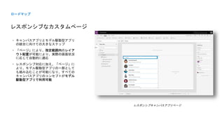 レスポンシブなカスタムページ
ロードマップ
• キャンバスアプリとモデル駆動型アプリ
の統合に向けての大きなステップ
• 「ページ」により、指定範囲内のレイア
ウト配置が可能により、実際の画面状況
に応じて自動的に適応
• レスポンシブ対応に加え、「ページ」に
より、モデル駆動型アプリの一部として
も組み込むことが可能になり、すべての
キャンバスアプリのコンセプトがモデル
駆動型アプリで利用可能
 