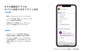 オフラインモードでもデータを参照し、生産性を維持
モデル駆動型アプリの
モバイル端末でのオフライン対応
一般公開済
• 標準／カスタムエンティティへアクセス
• レコードの作成／更新、データビューやグ
ローバル検索が利用可能
• 定期的なデータ同期により、オフライン
モードでも最新のデータへアクセス
• オフラインモードを明示的に有効化し、
断続的な接続でも業務の生産性を維持
• オフラインを維持しつつ、より多くのこ
とが実施可能に – メモや添付ファイルの
参照・作成、クイックビューへのアクセ
スなど
計画済み
 