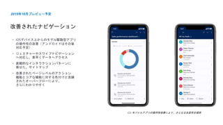iOS モバイルアプリの操作性改善により、さらなる生産性を提供
改善されたナビゲーション
2019年10月プレビュー予定
• iOSデバイス上からのモデル駆動型アプリ
の操作性の改善（アンドロイドはその後
対応予定）
• ジェスチャーやスワイプナビゲーション
へ対応し、素早くデータへアクセス
• 直観的なインタラクションパターンに
寄せた、サイトマップ
• 改善されたページレベルのアクション
機能とコアな機能に対する色付けと洗練
されたオーバーフローにより、
さらにわかりやすく
 