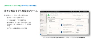 新しいデザインのヘッダーは常に情報を表示し、簡単にクリック一つでデータを編集可能
改善されたモデル駆動型フォーム
密度の高いヘッダーによる、操作性向上
• 長いフィールド名のサポート
• すべての画面サイズで閲覧可能
• 編集可能な、カスタムまたはウェブソー
スのコントロールを含むヘッダーを設定
可能
• 旧デザインを継続することも可能
2019年8月プレビュー予定 | 2019年10月一般公開予定
 