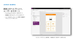 テンプレートやアクション実行時に、作成者はガイド型サポートが受けられる
画面上のヘルプにより、
ユーザーをサポート
2019年6月一般公開予定
• PowerAppsからのガイド型サポート
• 新機能に対するステップごとのガイド
• いくつかのテンプレートに関する動画や
ドキュメントへのリンク
 