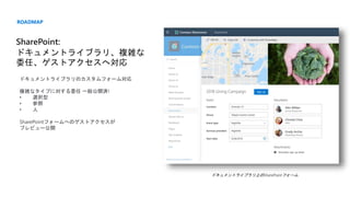 ドキュメントライブラリ上のSharePointフォーム
SharePoint:
ドキュメントライブラリ、複雑な
委任、ゲストアクセスへ対応
ROADMAP
ドキュメントライブラリのカスタムフォーム対応
複雑なタイプに対する委任 一般公開済!
• 選択型
• 参照
• 人
SharePointフォームへのゲストアクセスが
プレビュー公開
 