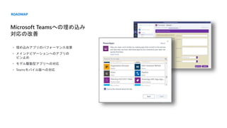 Microsoft Teamsへの埋め込み
対応の改善
• 埋め込みアプリのパフォーマンス改善
• メインナビゲーションへのアプリの
ピン止め
• モデル駆動型アプリへの対応
• Teamsモバイル版への対応
ROADMAP
 