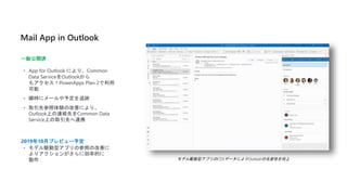 Mail App in Outlook
• App for Outlook により、Common
Data ServiceをOutlookから
もアクセス！PowerApps Plan 2で利用
可能
• 瞬時にメールや予定を追跡
• 取引先参照体験の改善により、
Outlook上の連絡先をCommon Data
Service上の取引先へ連携
• モデル駆動型アプリの参照の改善に
よりアクションがさらに効率的に
動作 モデル駆動型アプリのCDSデータによりOutlookの生産性を向上
一般公開済
2019年10月プレビュー予定
 