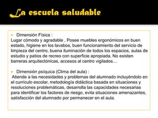 La escuela saludableDimensión Física :Lugar cómodo y agradable , Posee muebles ergonómicos en buenestado, higiene en los lavabos, buen funcionamiento del servicio delimpieza del centro, buena iluminación de todos los espacios, aulas deestudio y patios de recreo con superficie apropiada, No existenbarreras arquitectónicas, accesos al centro vigilados…Dimensión psíquica (Clima del aula) : Atiende a las necesidades y problemas del alumnado incluyéndolo enel currículo escolar, metodología didáctica basada en situaciones yresoluciones problemáticas, desarrolla las capacidades necesariaspara identificar los factores de riesgo, evita situaciones amenazantes,satisfacción del alumnado por permanecer en el aula.