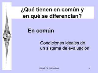 ¿Qué tienen en común y 
en qué se diferencian? 
En común 
Condiciones ideales de 
un sistema de evaluación 
Alicia R. W. de Camilloni 6 
 