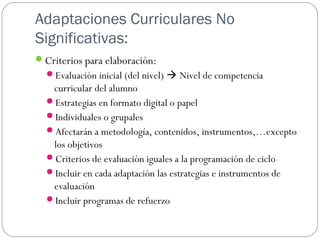 Adaptaciones Curriculares No
Significativas:
Criterios para elaboración:
Evaluación inicial (del nivel)  Nivel de competencia
curricular del alumno
Estrategias en formato digital o papel
Individuales o grupales
Afectarán a metodología, contenidos, instrumentos,…excepto
los objetivos
Criterios de evaluación iguales a la programación de ciclo
Incluir en cada adaptación las estrategias e instrumentos de
evaluación
Incluir programas de refuerzo
 