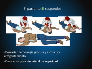 •Descartar hemorragia profusa y asfixia por
atragantamiento.
•Colocar en posición lateral de seguridad
El paciente SI responde:
 
