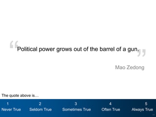 Processing




   “    Political power grows out of the barrel of a gun.


                                                            ”
                                                    Mao Zedong




The quote above is…

  1                2              3              4               5
Never True    Seldom True   Sometimes True   Often True   Always True
                                                                    11
 