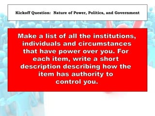 Kickoff Question: Nature of Power, Politics, and Government
 