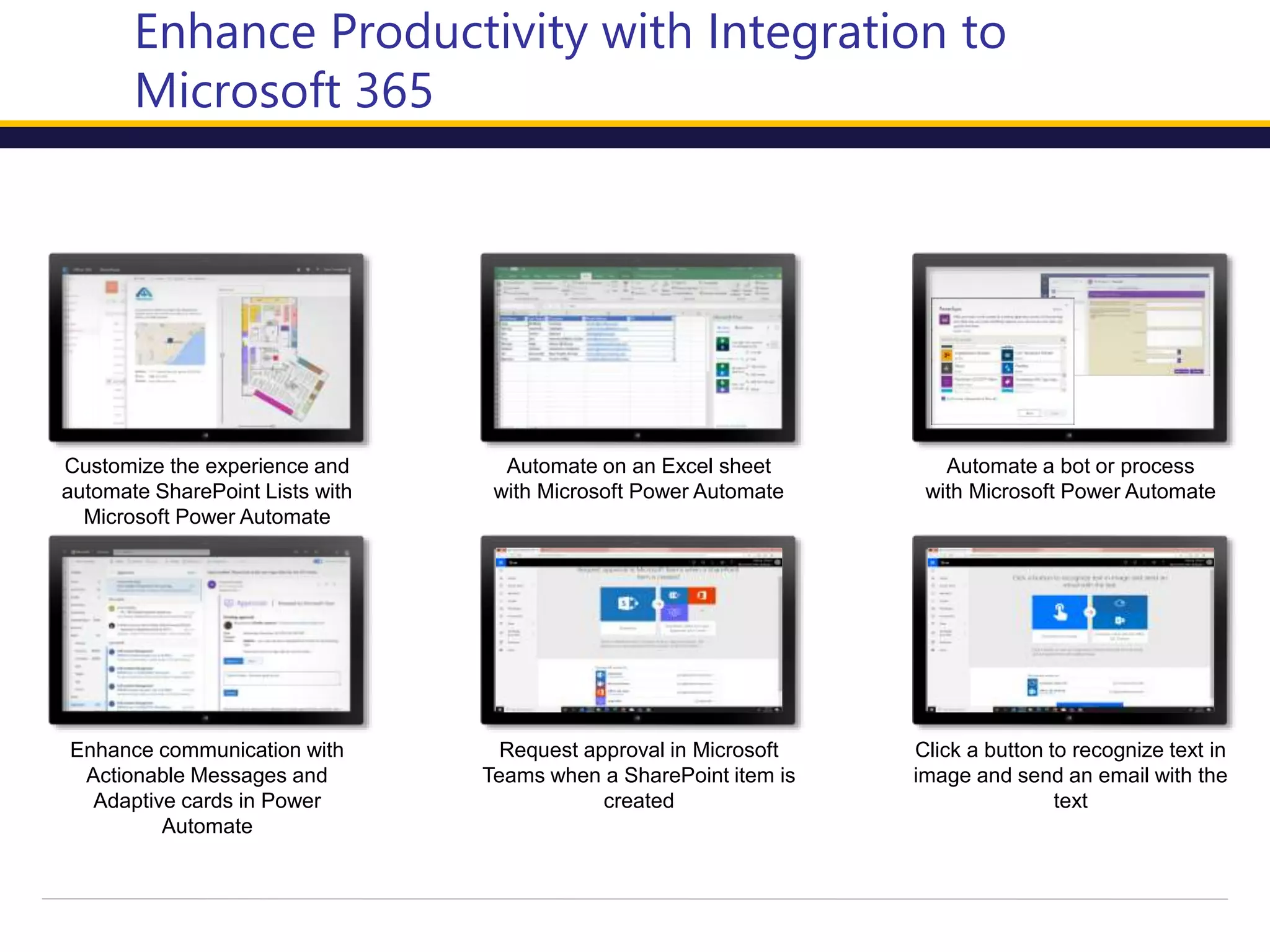 Customize the experience and
automate SharePoint Lists with
Microsoft Power Automate
Automate on an Excel sheet
with Microsoft Power Automate
Automate a bot or process
with Microsoft Power Automate
Enhance Productivity with Integration to
Microsoft 365
Enhance communication with
Actionable Messages and
Adaptive cards in Power
Automate
Request approval in Microsoft
Teams when a SharePoint item is
created
Click a button to recognize text in
image and send an email with the
text
 