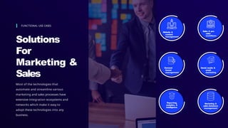 FUNCTIONAL USE CASES
Solutions
For
Marketing &
Sales
Most of the technologies that
automate and streamline various
marketing and sales processes have
extensive integration ecosystems and
networks which make it easy to
adopt these technologies into any
business.
Website &
content
management
Sales & pre-
sales
workflows
Marketing &
sales database
management
Demand
funnel
management
Social media &
email
marketing
Reporting,
analytics, &
intelligence
 
