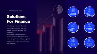 FUNCTIONAL USE CASES
Solutions
For Finance
Automating manual and complex
financial processes can help drive
greater efficiency, accuracy, and
compliance.
Technologies can help optimize
operational costs of the finance and
accounting function while saving time
and providing better internal control
over processes.
Accounting
(Bookkeeping)
Cash &
expense
management
Tax compliance
& audits
Payroll &
employee
benefits
Accounts
receivable
& payable
Reporting&
business
intelligence
 