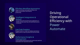Driving
Operational
Efficiency with
Power
Automate
Effortless Workflow Automation
Design connected, automated workflows that
reduce manual effort and enhance
productivity.
Intelligent Integrations &
Actions
Connect Microsoft and third-party applications to
enable seamless data flow and automated actions
in real time.
Low-Code Freedom
Empower teams to create and deploy automations
rapidly, without requiring advanced technical skills.
Performance Insights &
Improvement
Track workflow performance and continuously optimise
automations for improved outcomes.
 