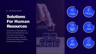 FUNCTIONAL USE CASES
Solutions
For Human
Resources
Automations can help reduce the
burden of the HR department, and
free up their time to focus on
important strategic activities like
hiring the best talent and helping
them realize their potential.
Recruitment &
Screening
Employee On- &
Off- boarding
Leaves &
Attendance
Management
Performance
Appraisal &
Competency
Maps
Records
Management
Intranet &
Knowledge
Management
 