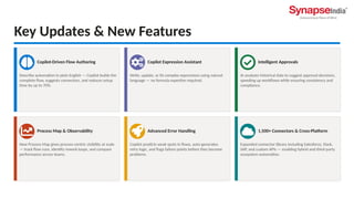 Key Updates & New Features
Copilot-Driven Flow Authoring
Describe automation in plain English — Copilot builds the
complete flow, suggests connectors, and reduces setup
time by up to 70%.
Copilot Expression Assistant
Write, update, or fix complex expressions using natural
language — no formula expertise required.
Intelligent Approvals
AI analyzes historical data to suggest approval decisions,
speeding up workflows while ensuring consistency and
compliance.
Process Map & Observability
New Process Map gives process-centric visibility at scale
— track flow runs, identify rework loops, and compare
performance across teams.
Advanced Error Handling
Copilot predicts weak spots in flows, auto-generates
retry logic, and flags failure points before they become
problems.
1,500+ Connectors & Cross-Platform
Expanded connector library including Salesforce, Slack,
SAP, and custom APIs — enabling hybrid and third-party
ecosystem automation.
 